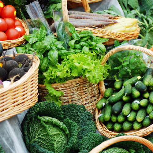 many different ecological vegetables on market table